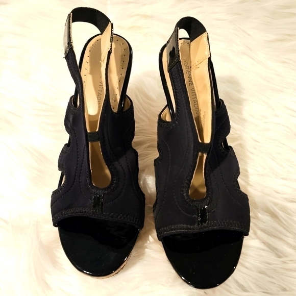 ADRIENNE Vittadini® | Black Suede Stretch Carinea Wedge Sandal sz 8.5 - Picture 1 of 13